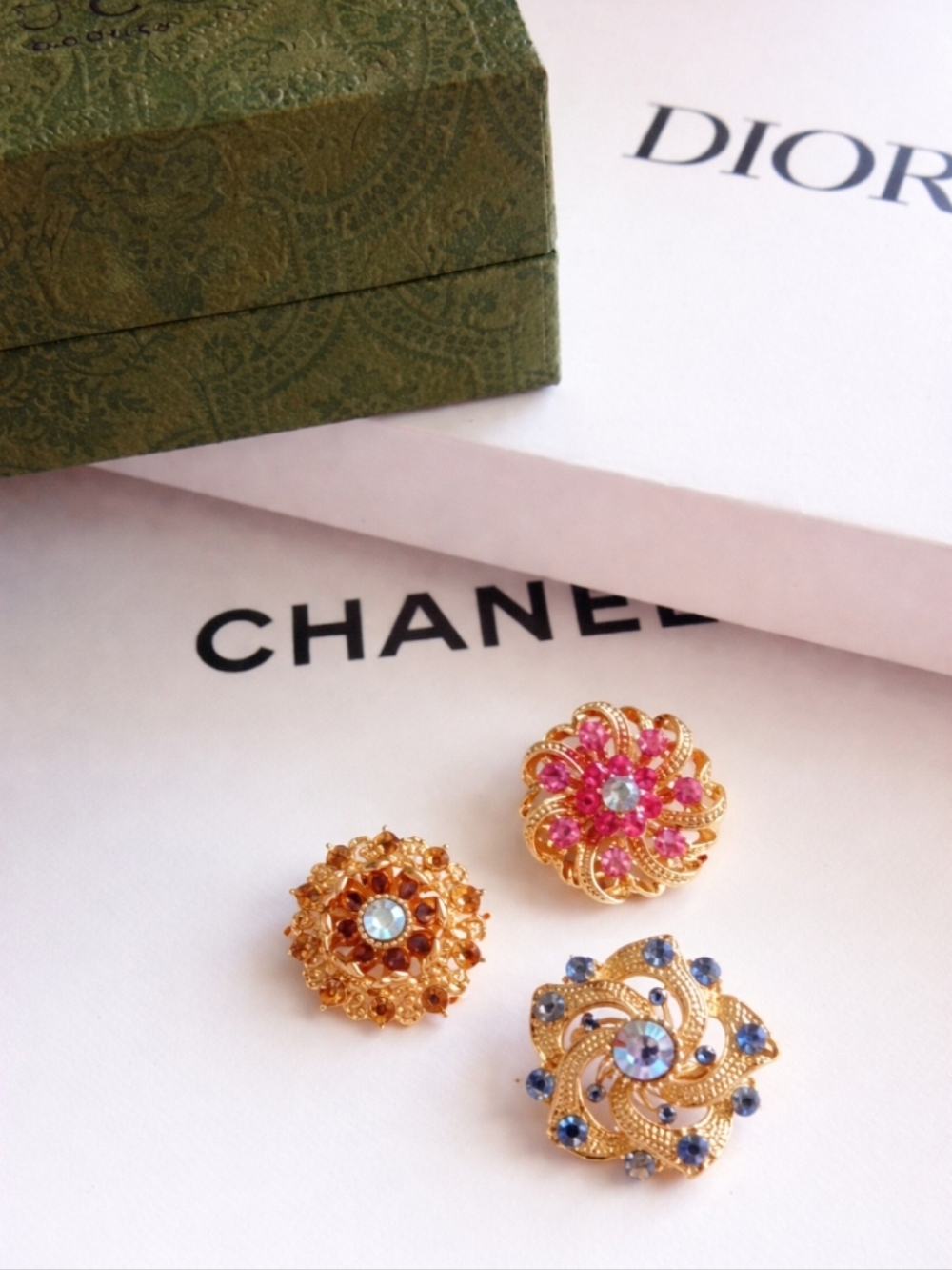 Luxury Gold-Tone Floral Crystal Brooch Set - Pink, Blue, Red - Vintage Estate